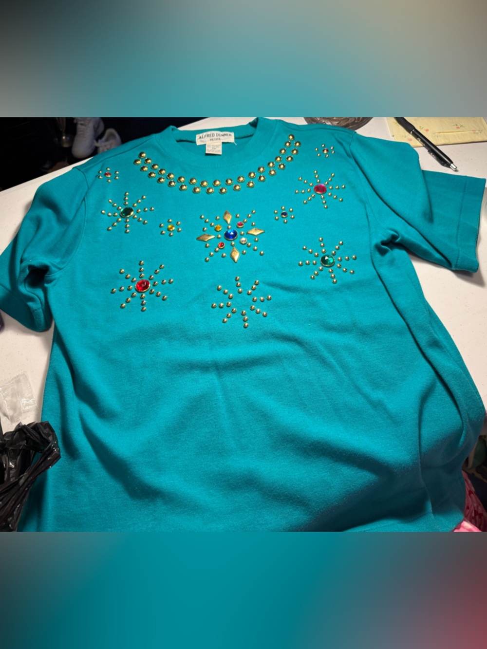 Alfred Dunner Teal Top with Gold Stud Accents